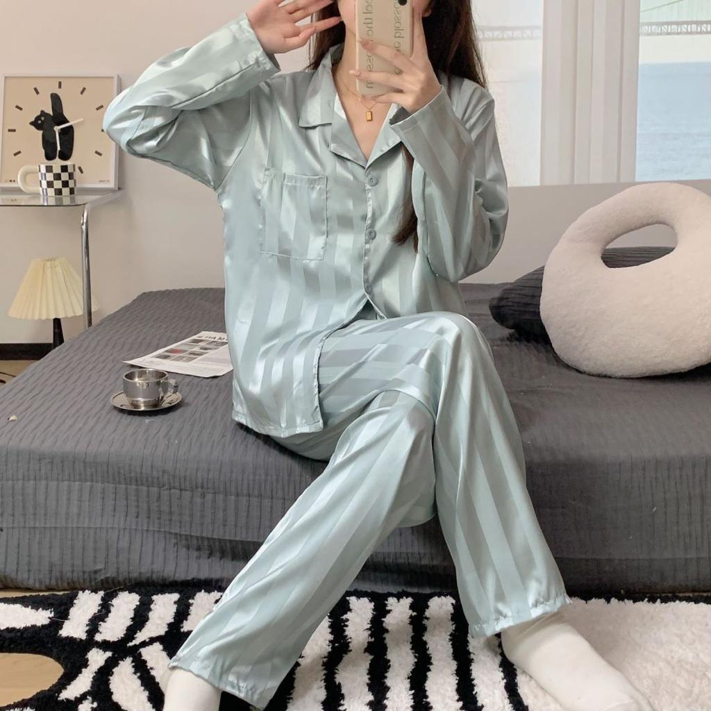 010 Luxury Sleepwear Kelas Atas Piyama Satin Lengan Panjang Celana Panjang Kerah Motif Garis Kancing Hidup Bahan Satin High Quality Piyama Import/ Baju Tidur Import / Baju Tidur Murah / Piyama Set / piyama wanita /Piyama Satin/Baju Tidur Set