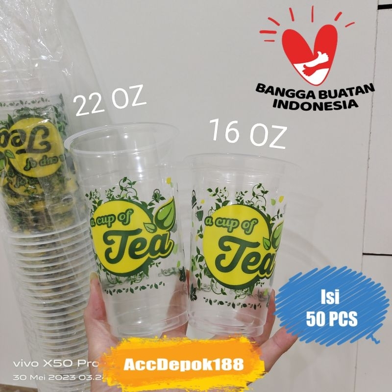 GELAS ES TEH MANIS / GELAS ES TEA / GELAS MEREK STARINDO MOTIF TEA / A CUP OF TEA UKURAN 16 OZ DAN 22 OZ ISI 50 PCS