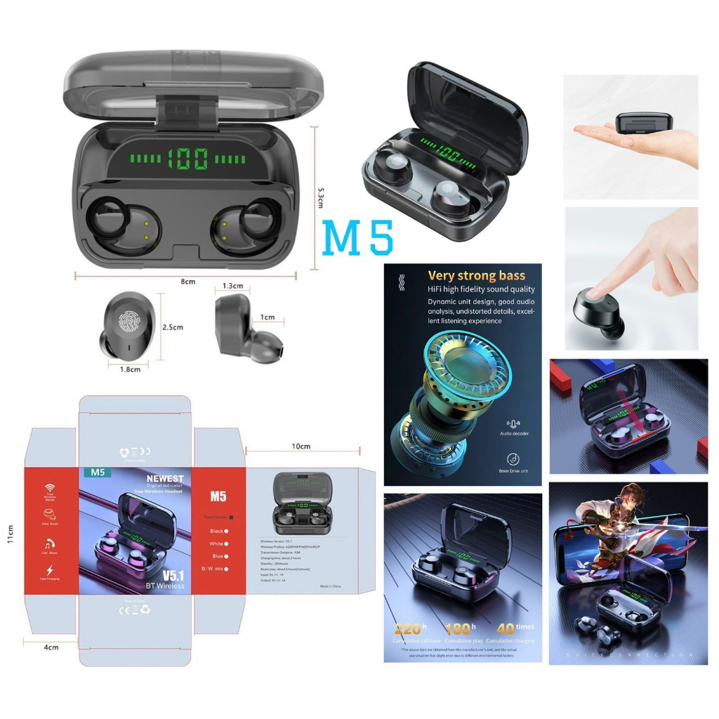 Handsfree Bluetooth TWS M5 V5.1 BT Wireless Earphone ACC