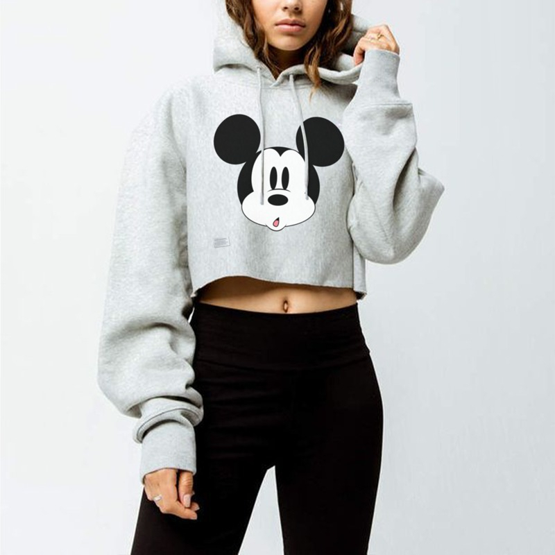 Sweater Crop Top Hoodie Mickey Bahan Frenchterry