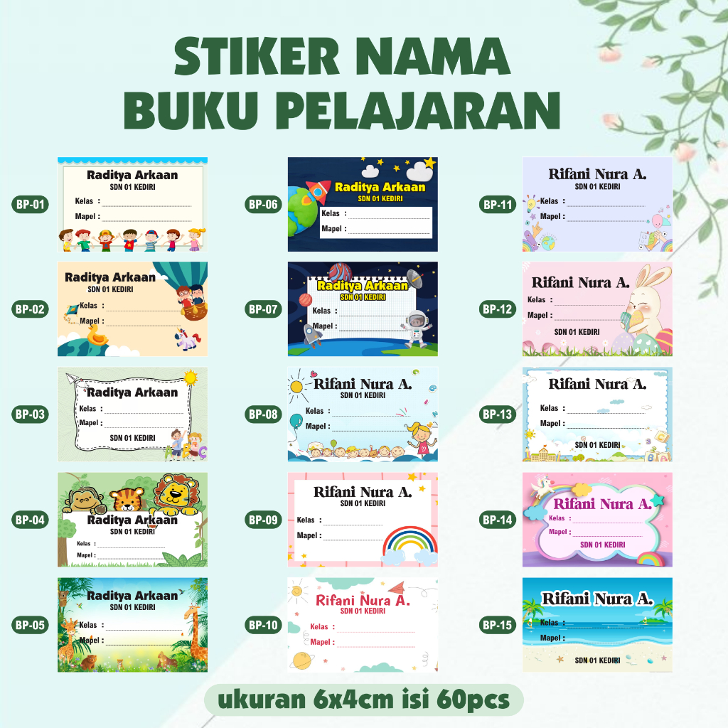 

(isi 60pcs) Stiker Nama Buku Pelajaran Sekolah Anak