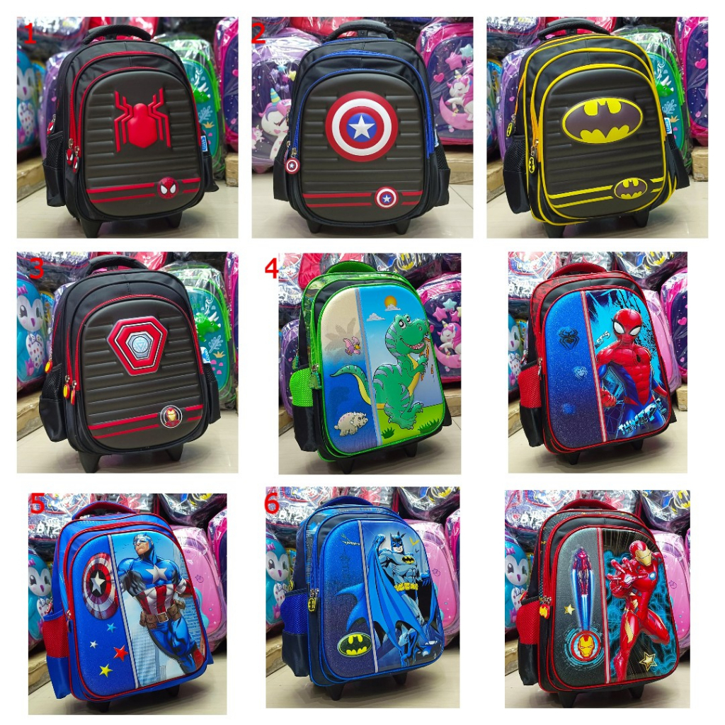 Tas Dorong Troli Anak TK Cowok Karakter SUPERHERO JAGOAN - Motif EMBOSS TIMBUL IMPORT