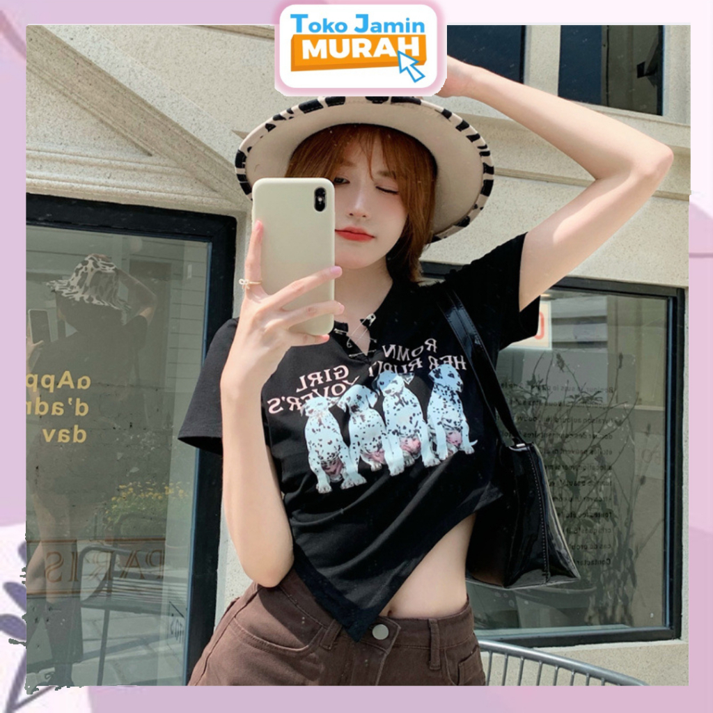 TJM BJ391 Baju Kaos Crop Top Printed Mix Button Pin Atasan Wanita Lengan Pendek Korean Style