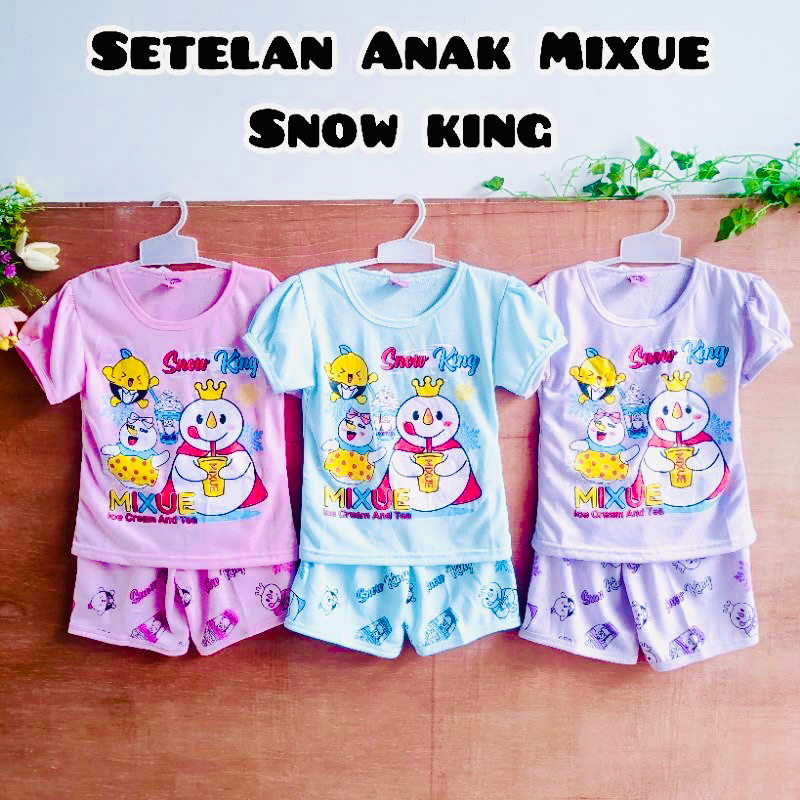 Setelan Anak 1 2 3 4 5 6 7 Tahun Anak Cewek Perempuan Setelan Lengan Pendek dan Celana Pendek Mixue ice cream Boba lucu kekinian terbaru mixue ( Setelan Mixue Snow King )