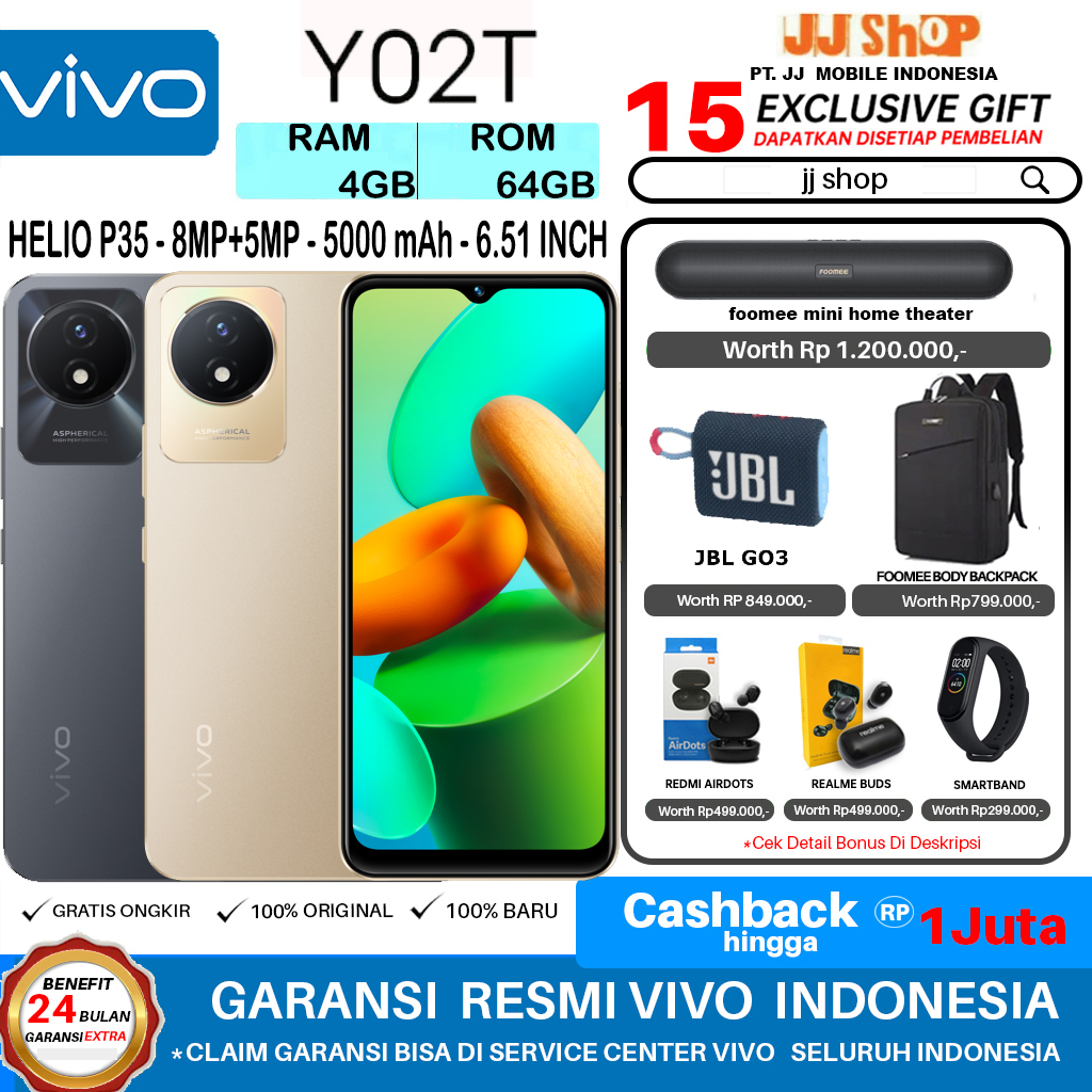 VIVO Y02t 4/64 GB &amp; Y02 3/32 GB RAM 4GB 3GB ROM 64GB 32GB GARANSI RESMI