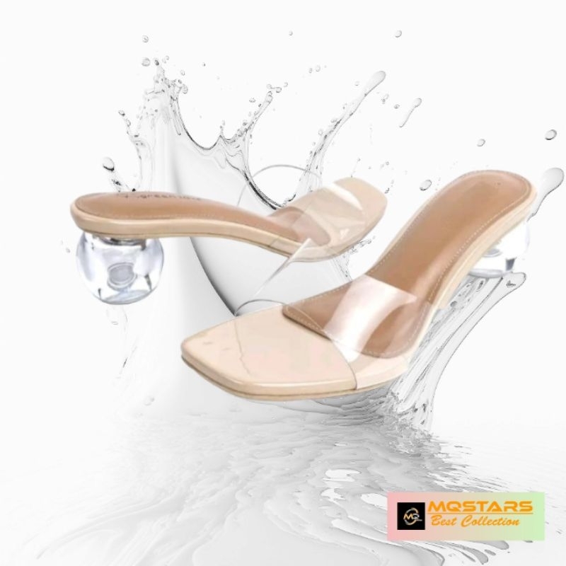 mqstars - Sandal Heels Transparan Hak Kaca Bulet 5cm Slop