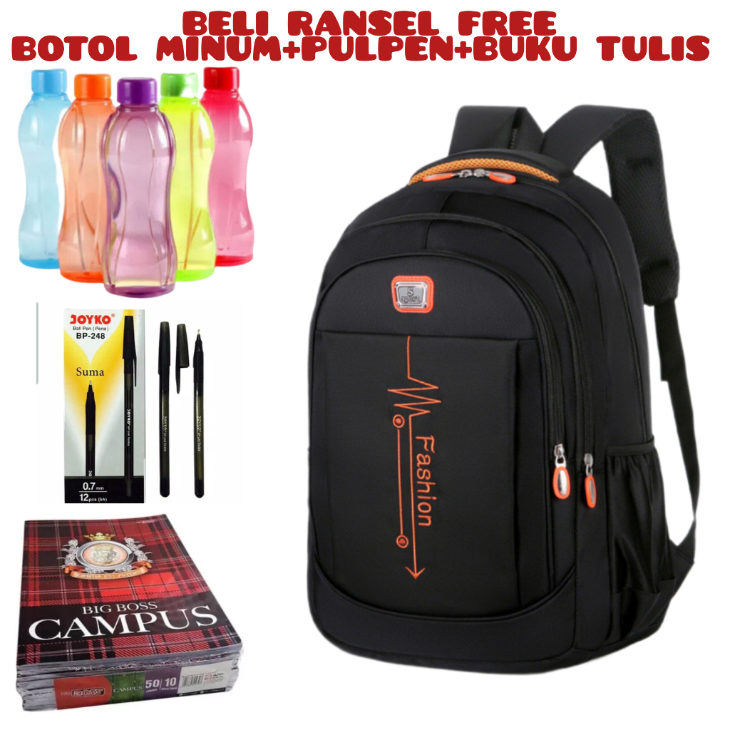 JS_Beli 1 Dapat 4-Tas Pria ZB RDN 069 Distro Raindoz Bandung Ransel Punggung Backpack Cowok Keren Sek BRAN NB-Tp BJ Beli Ransel Free Boto Minum+Pulpen+Buku Tulis