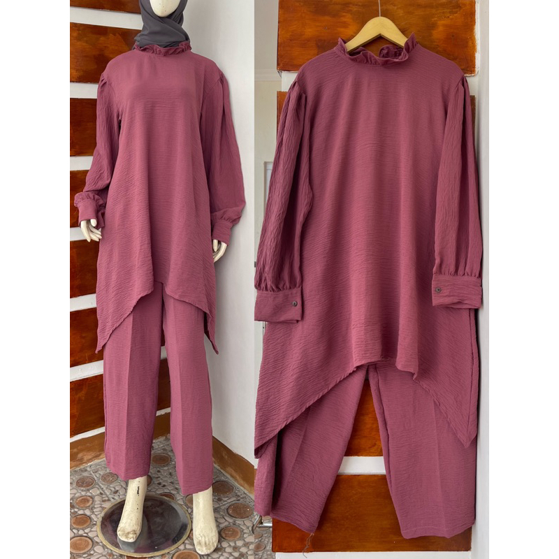 SETELAN TUNIK VIONI POLOS CRINKEL AIRFLOW PREMIUM/ONE SET LONG TUNIK CRINKEL/SET WANITA TERBARU