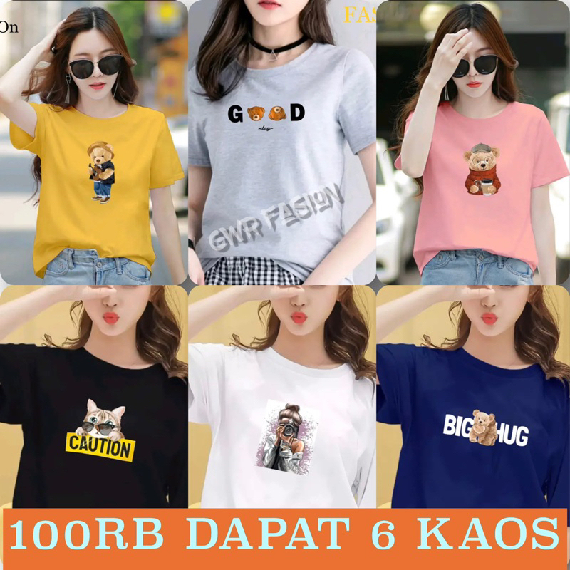 PROMO KAOS WANITA | 100RB Dapat 6 KAOS MOTIF TEDY BEAR | BAJU T-Shirt CWe DISTRO DEWASA BISA UNTUK P