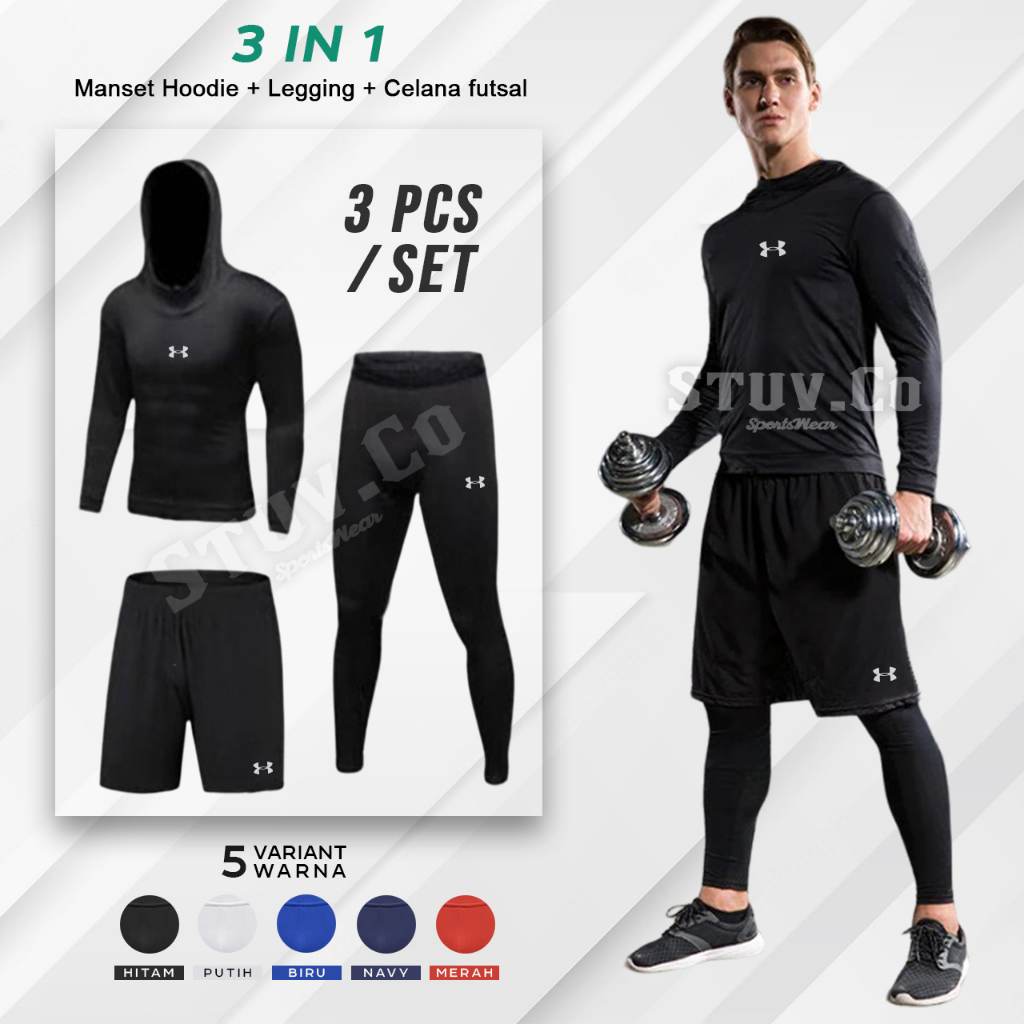 PAKET 3IN1 SETELAN BASELAYER OLAHRAGA MANSET HOODIE LEGGING PANJANG DAN CELANA DRY FIT FUTTSAL SEPAKBOLA GYM FITNESS LARI BASKET