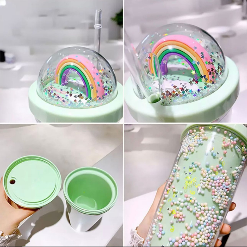 STV Botol Minum Tumbler Glitter Rainbow Pelangi Foam 550ml Gelas Cantik Unik Kado Lucu