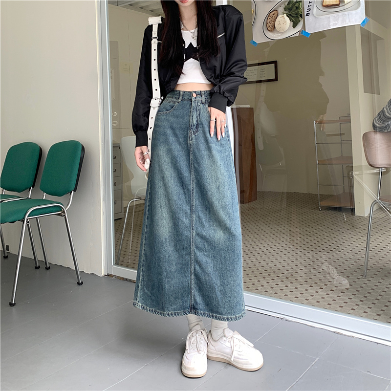 Emily Rok-Rok Midi Denim Fashion Rok A-line Highwaist Biru Retro