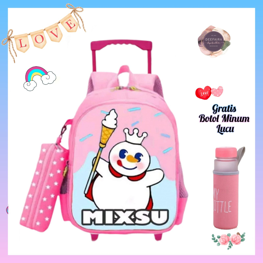 Tas Ransel Troli Anak Perempuan Model Mixx UI Terlaris Gratis Botol Minum Untuk Tk Paud &amp; Sd