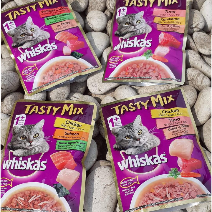 Whiskas Tasty Mix Sachet Chicken Salmon Wakame Seafood In Gravy pouch 70G Wet Food