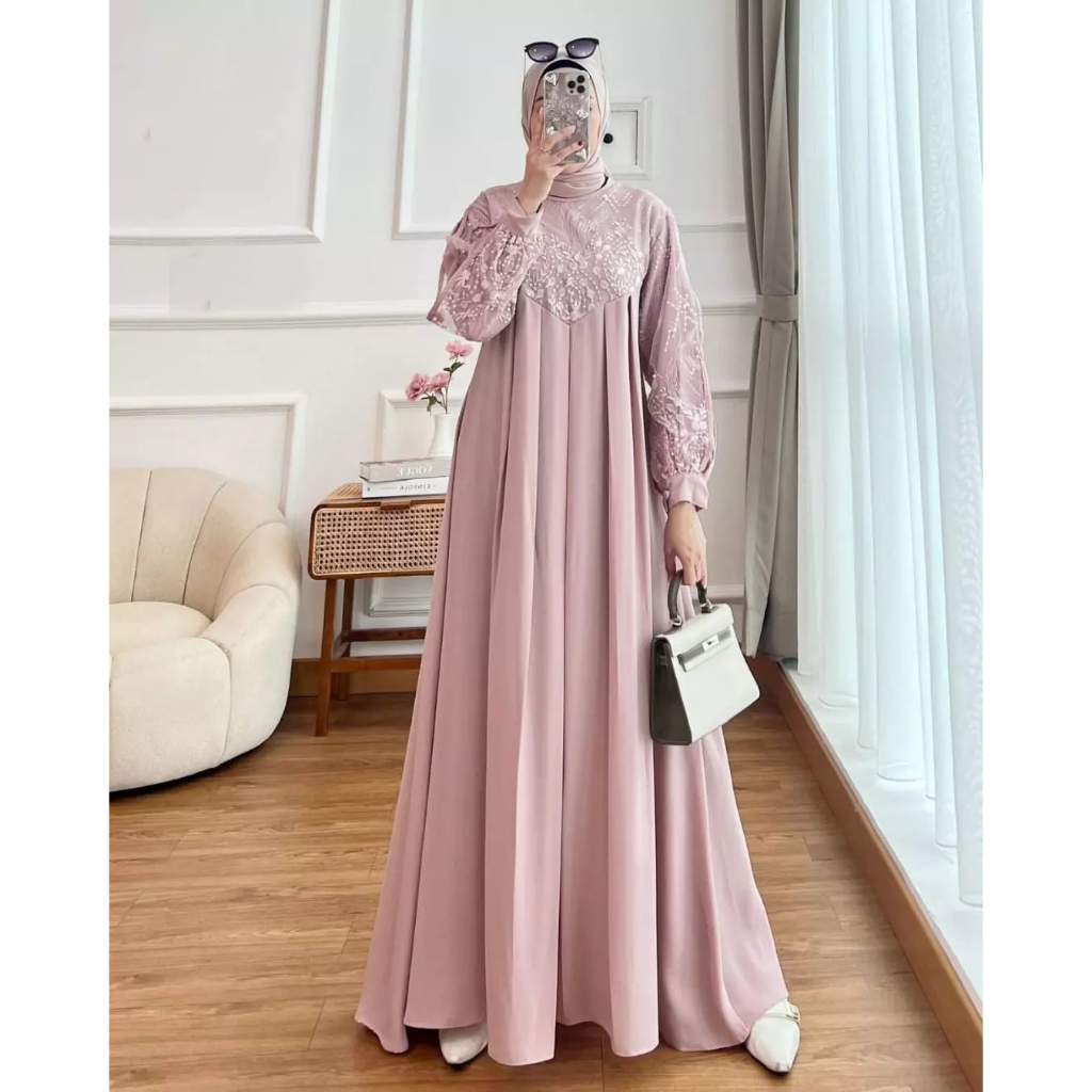 AGHNIA MAXI DRESS BROKAT SIMPEL MEWAH ELEGAN BAHAN CERUTI BABYDOLL FULL FURING MIX BROKAT KACA IMPOR
