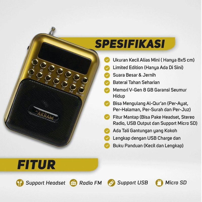 Speaker Al Akram Mini Spiker Murotal Quran Support Headset Flashdisk Radio Speker Murottal 30 Juz