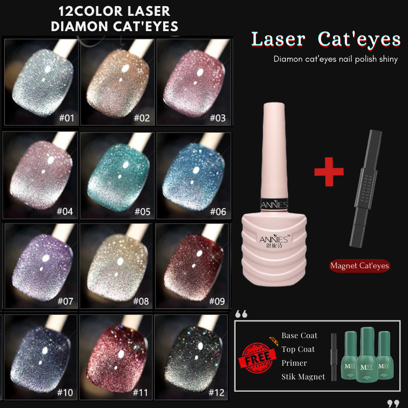 Pretty  Paket Kutek Cat'eye 12Color+3Pcs Fungsi Coat &amp; Free Magnet Stick 1pc/ Kutek Gel Laser Diamond Cat Eye UV LED Nail Gel 10ml