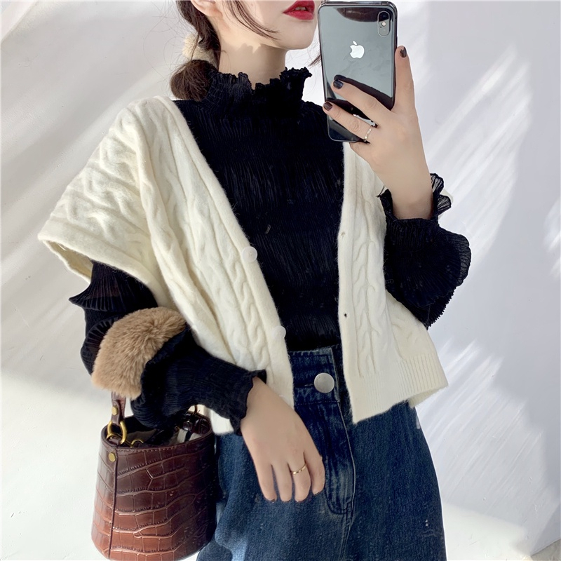 Versi Korea Longgar All-Match Lengan Panjang Chiffon Temperamen Renda Kemeja Turtleneck Bottoming Top bell sleeves