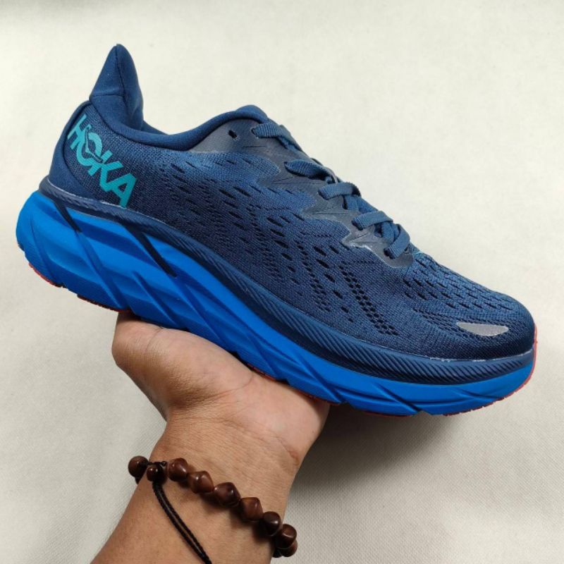 Hoka Clifton 8 navy blue red.