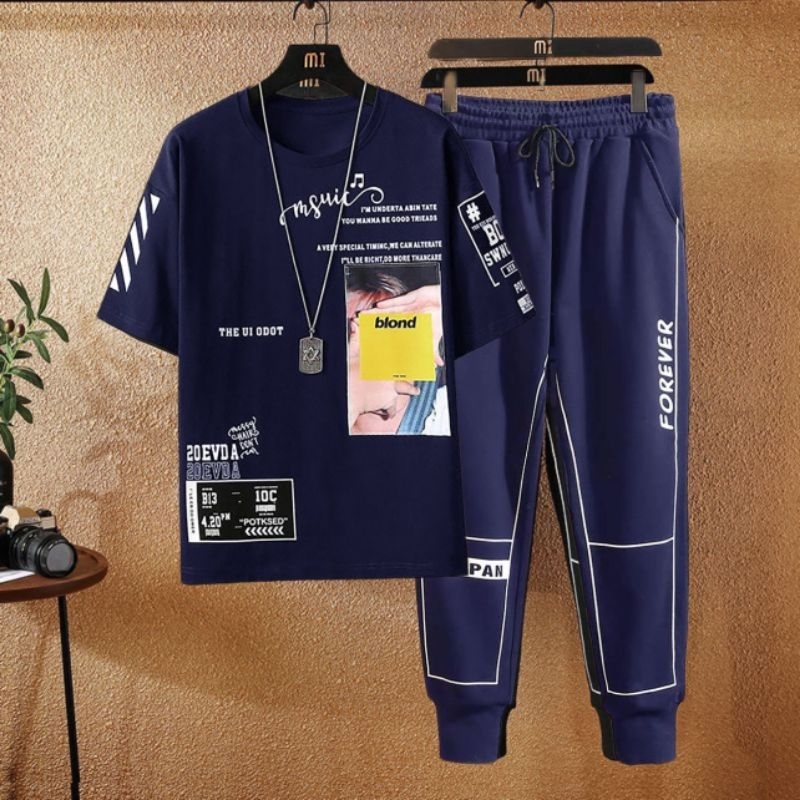 STELAN ( HUOHUO ) STELAN PRIA DEWASA 1 SET KAOS DISTRO + CELANA PANJANG JOGGER MODEL TERBARU