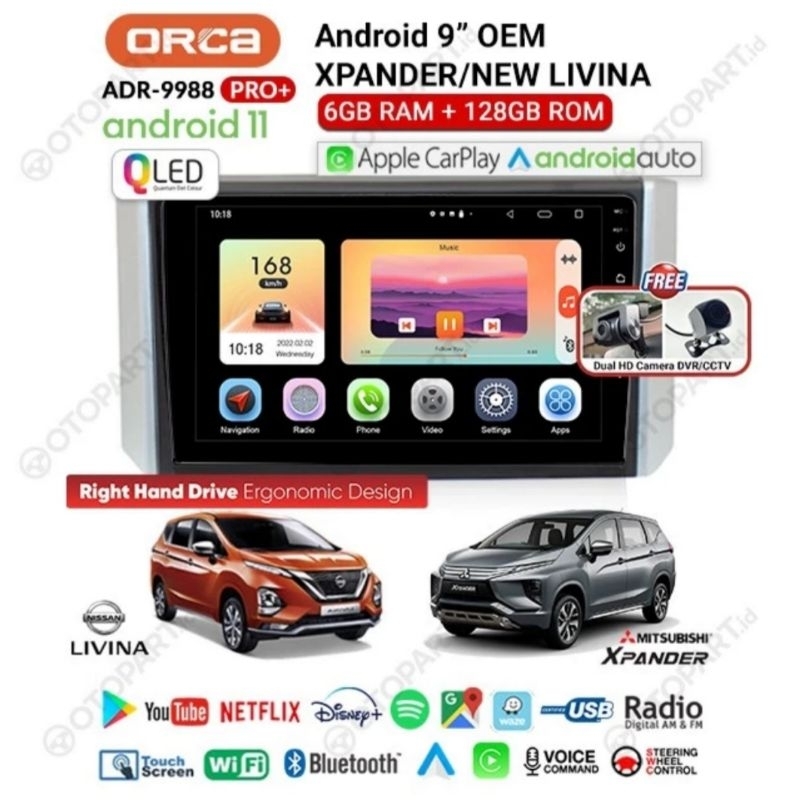 Head Unit Android Ram 6 Gb / 128 Gb  XPander ANDROID ORCA ADR 9988 PRO+ CARPLAY  XPANDER LIVINA NEW