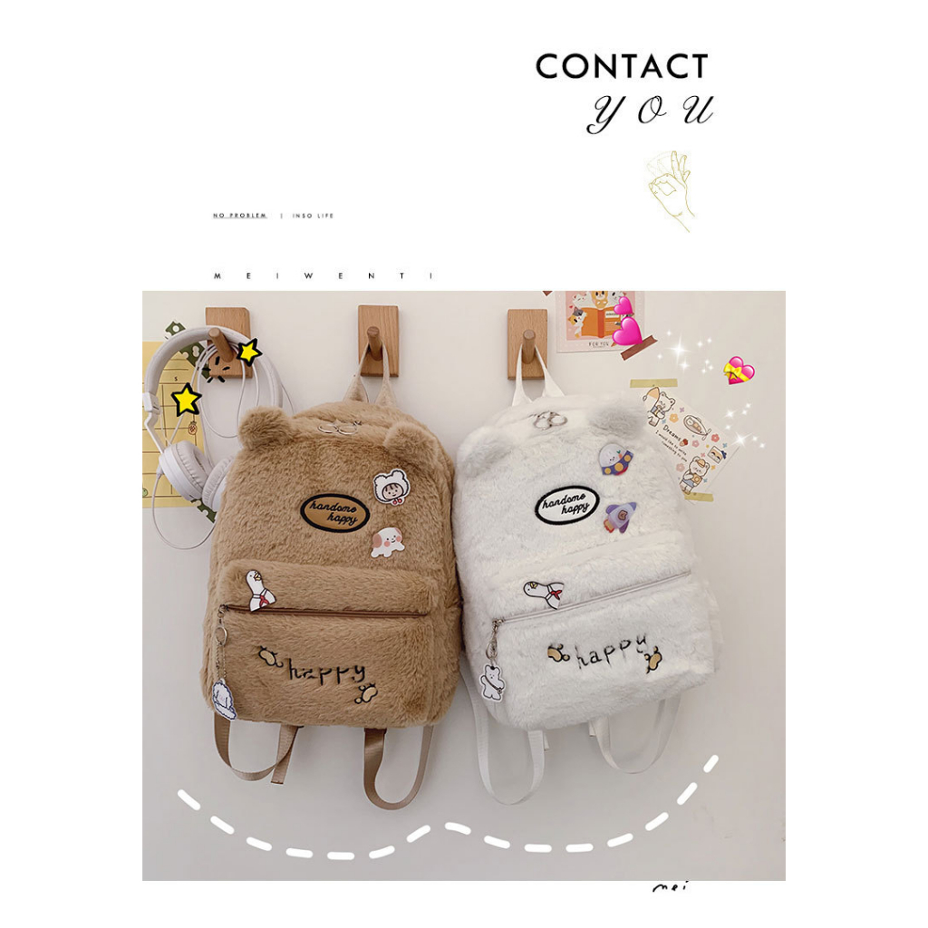 Tas Ransel Wanita Bulu Beruang Happy Bear Backpack Feather Ransel Perempuan Lucu Sekolah Menengah Tas Bordir Mewah Ransel Pasang Kapasitas Besar