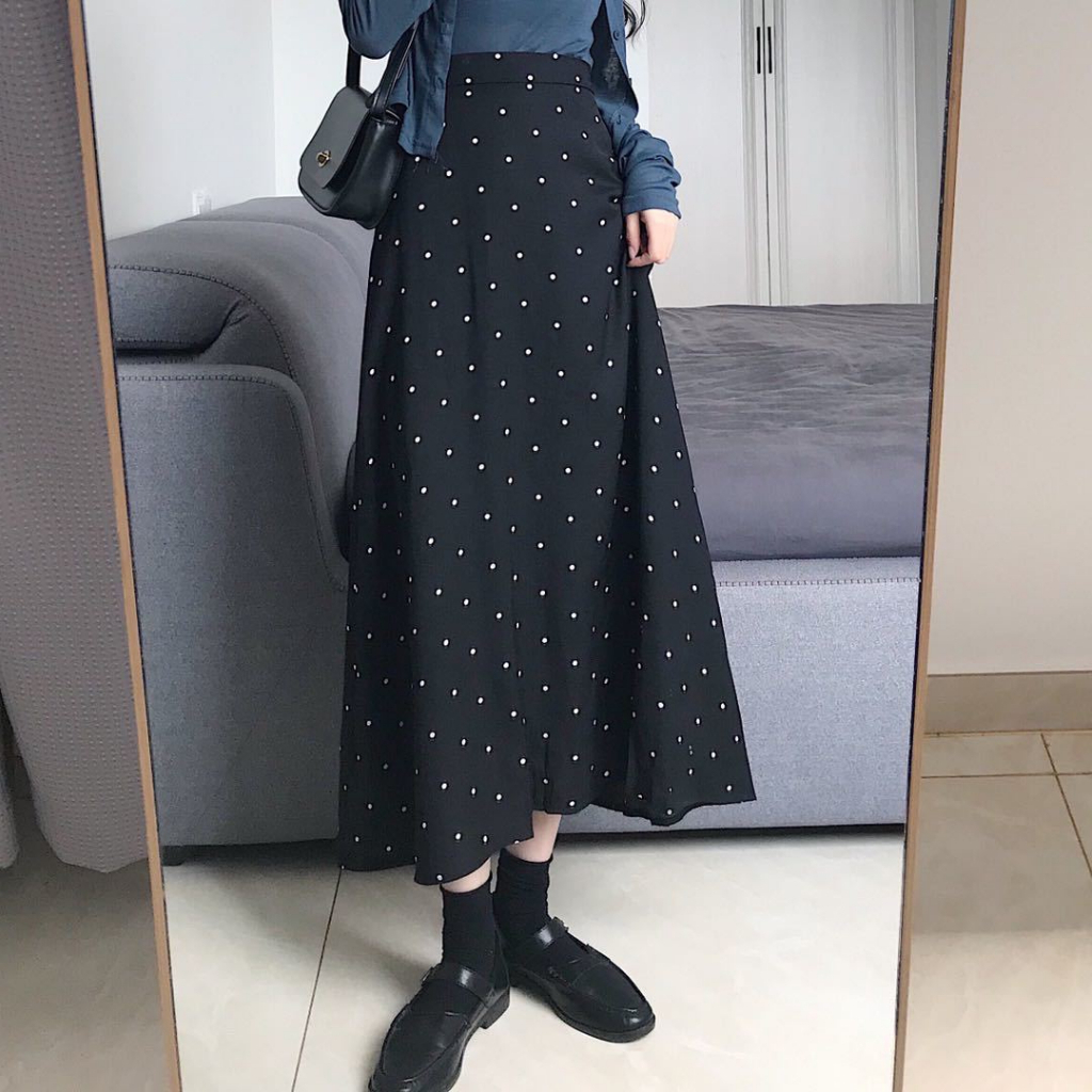 Hitam midi Pinggang Tinggi skirt Rok Putri Duyung Wanita Pola Polka Dot