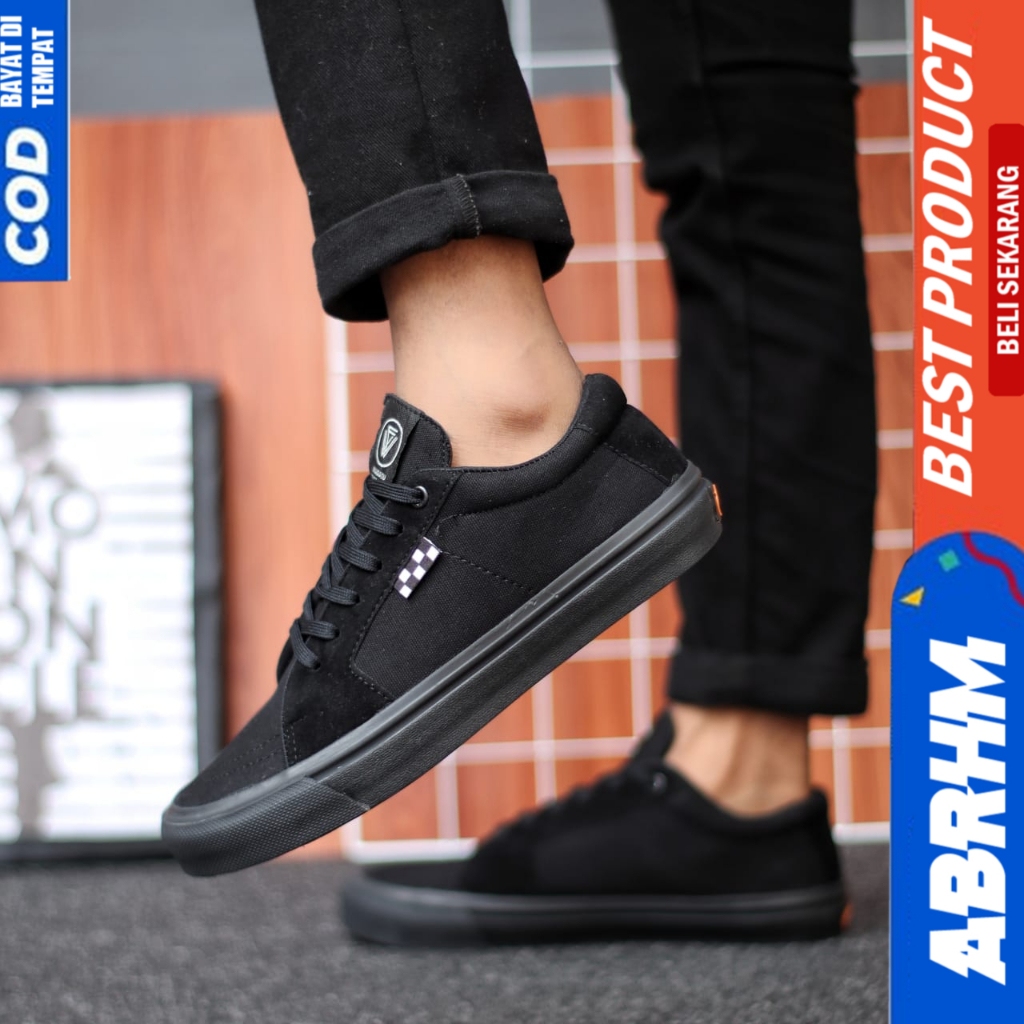 ABRHM Sepatu Sneakers Hitam Polos Tali Ukuran Besar 38-47 Pria