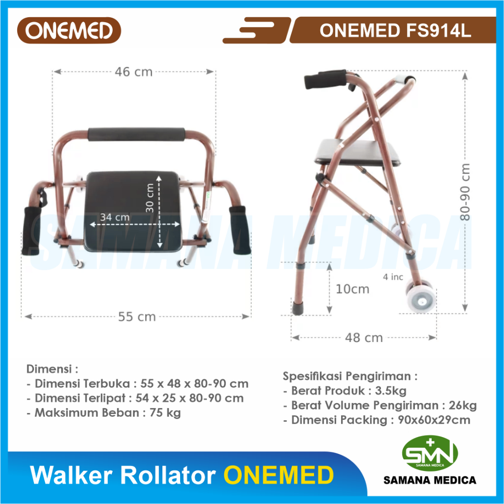 WALKER Rollator Rolator FS914L ONEMED Alat Bantu Jalan Orang Tua + Duduk Warna Coklat Doff