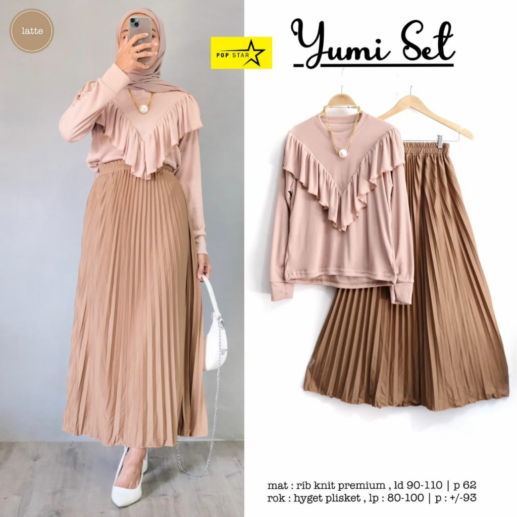 YUMI SET BY POP STAR BAHAN TOP BLOUSE RIB KNIT RAJUT PREMIUM ROK HYGET PLISKET
