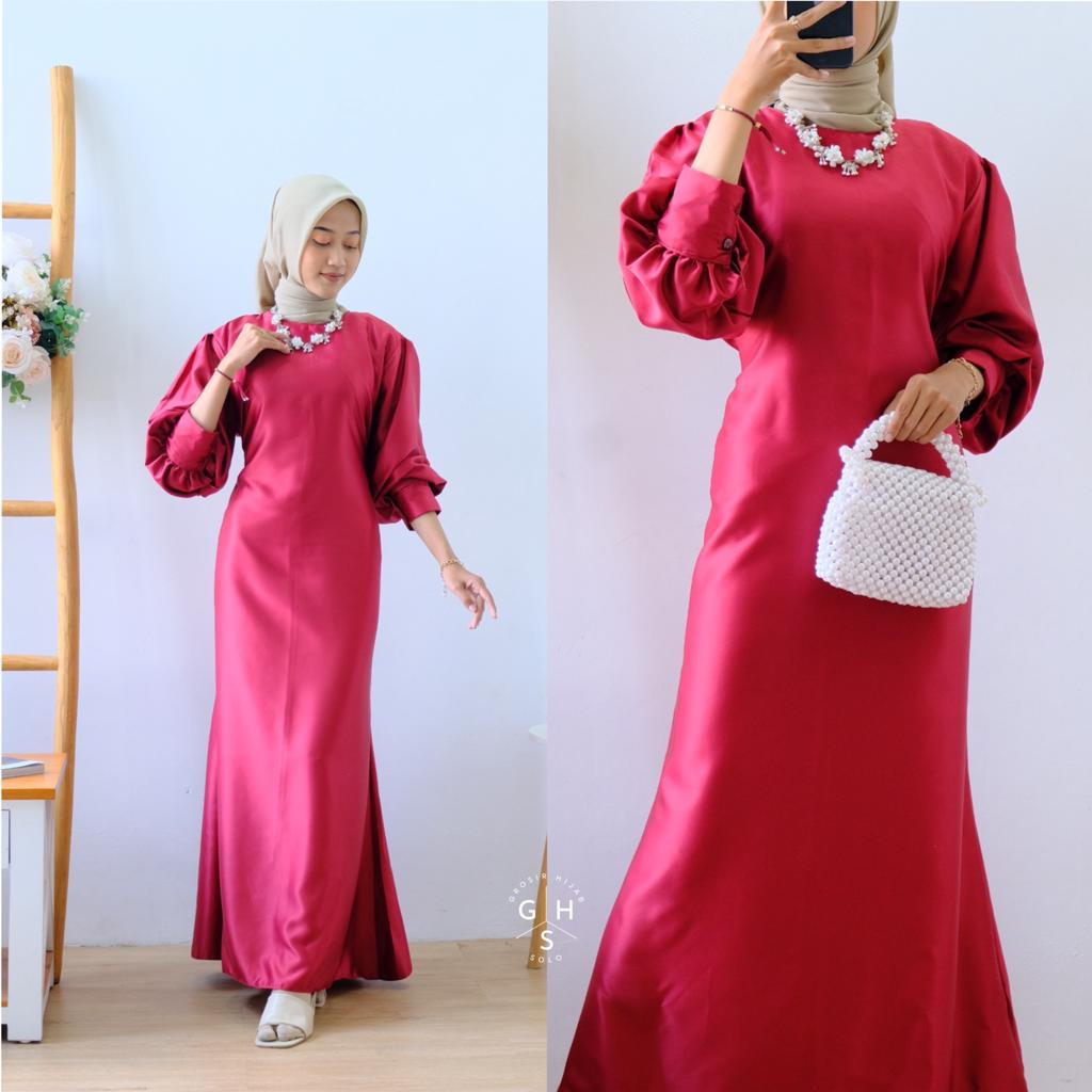 SHASI GAMIS MAXI LENGAN BALON ATASAN WANITA DRESS DUYUNG SATIN SILK PREMIUM (AMD)