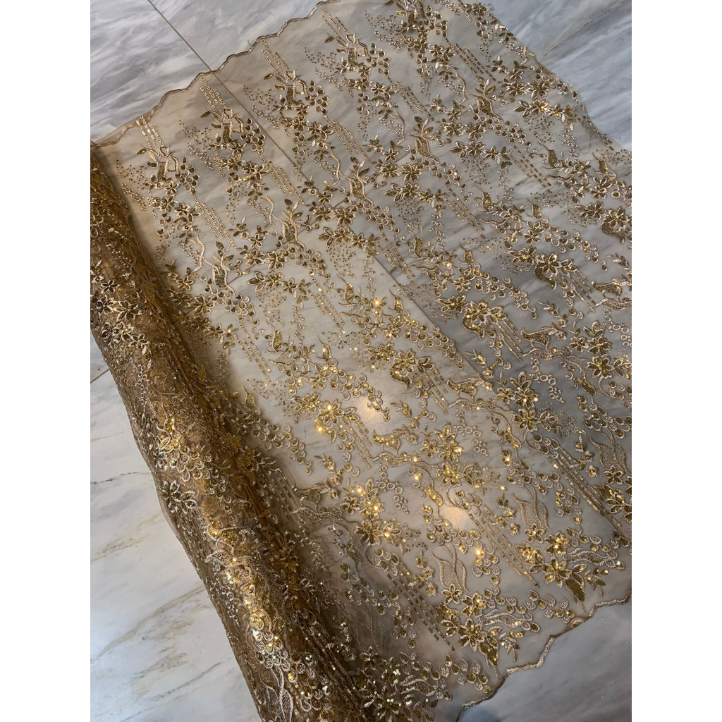 Kain Bahan Kebaya Mewah Brokat Brukat Tile Bordir Payet Gracia Warna Emas Gold