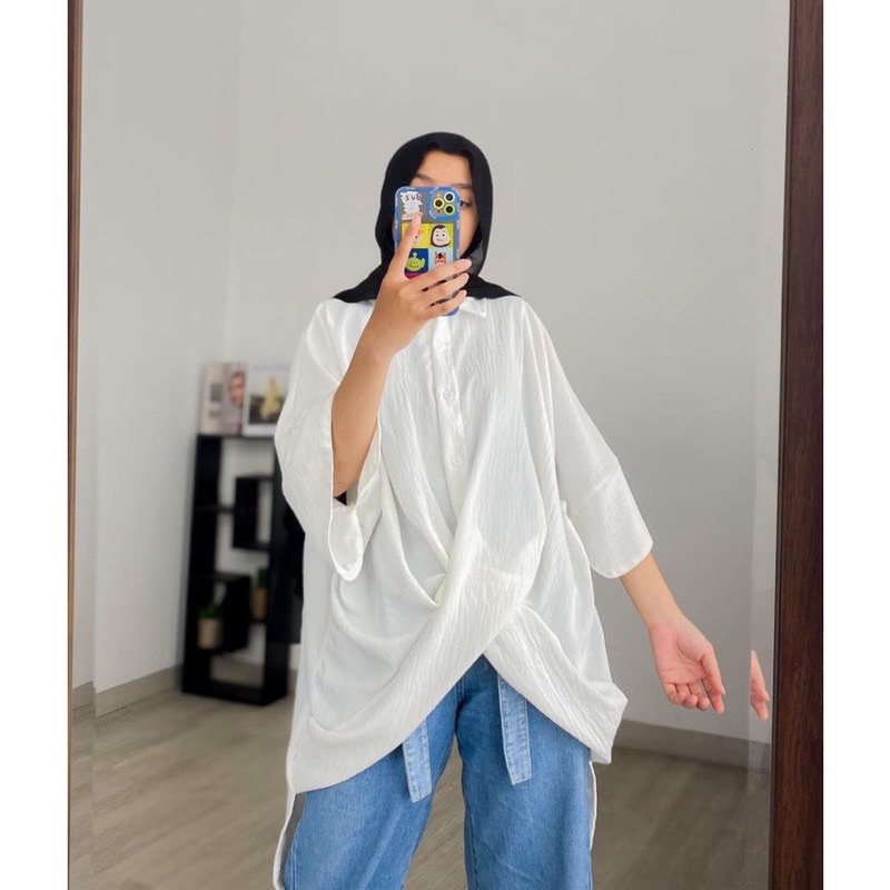 Blouse Crincle Oversize Kemeja Batwing Jumbo Atasan Wanita Crinkle Bigsize