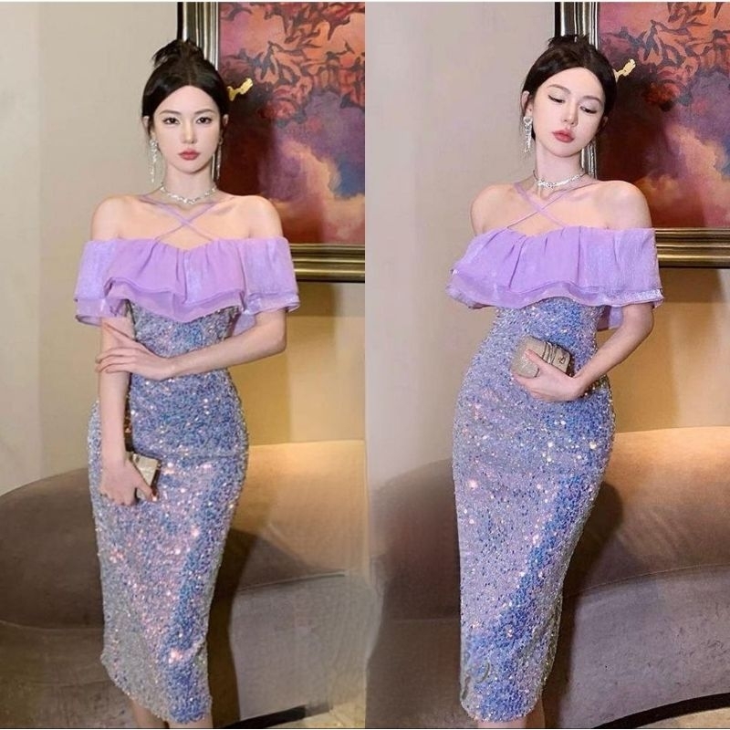 dress lilac purple ungu sabrina sequin dress gaun glitter blink bling dress manik kilau ruffle sabri