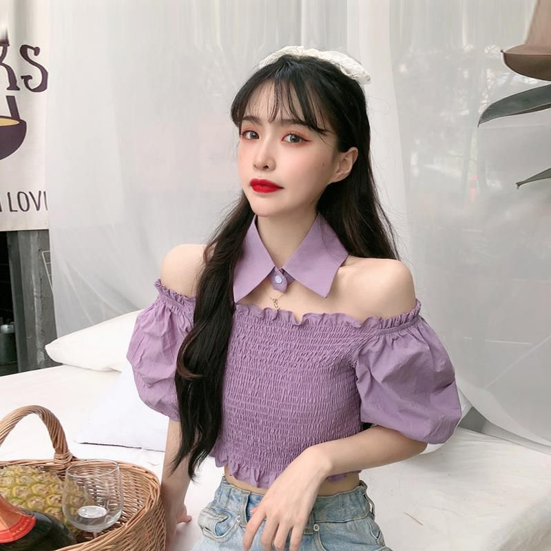 [vipedia] Atasan Sabrina Karet Full Color Biru Ungu Lilac Collar Kerah Terpisah Blouse Unik Korean S