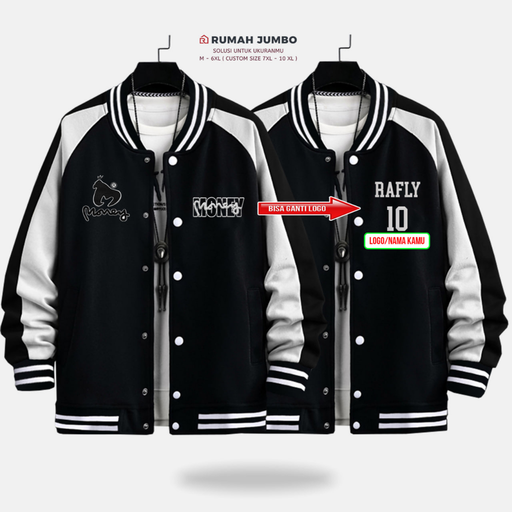 Jaket Bomber Varsity Baseball Money Black White Oversize (M - 6XL) Jaket Custom