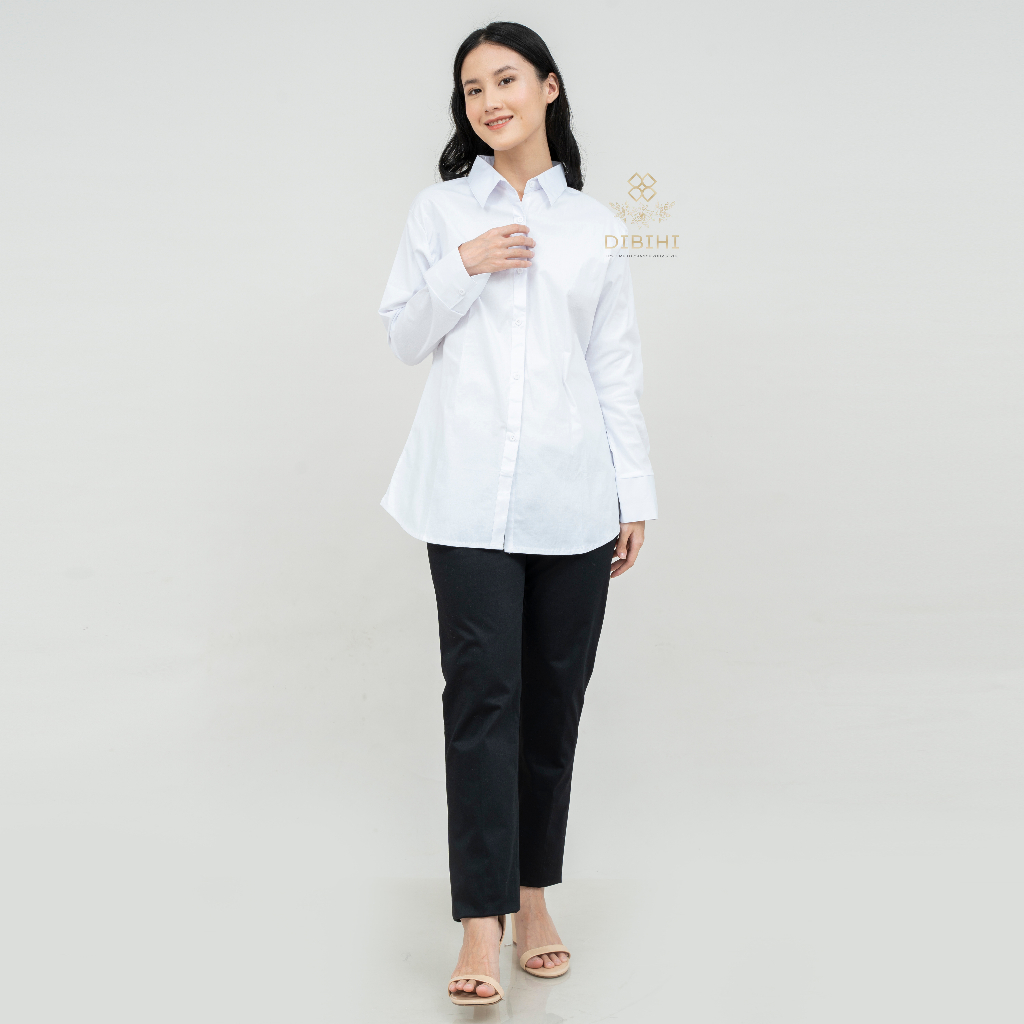 Dibihi Shirt Kemeja Putih Polos Wanita Lengan Panjang Bahan Katun Stretch