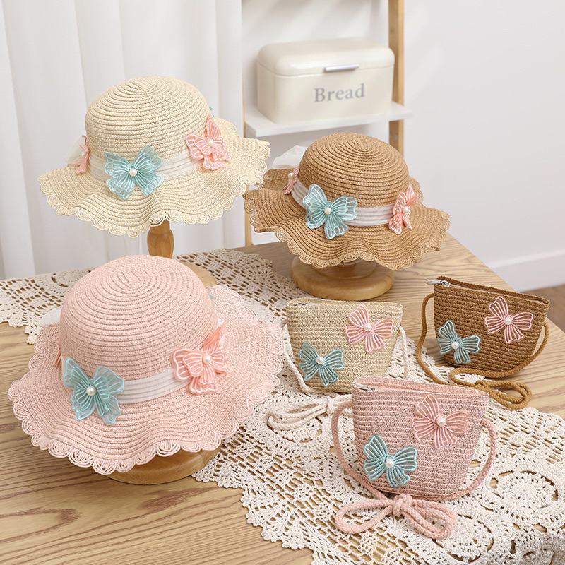 4tahun keatas Topi Pantai Import Anak Perempuan Dan Tas Jerami Butterfly