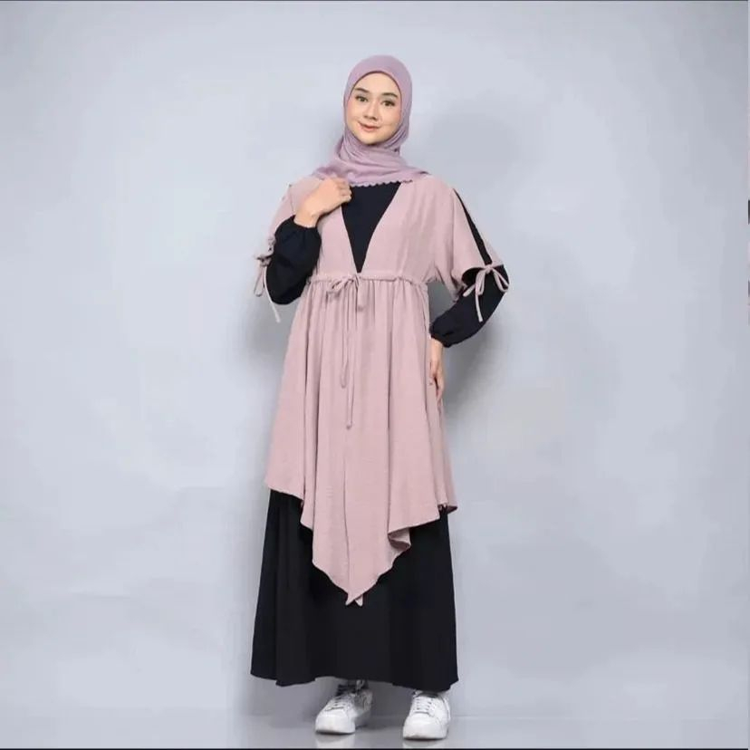 Baju Gamis Setelan Wanita Muslimah Kekinian 2023 Faiza Set Setelan Gamis + Outer Crinkle Airflow Muslim Wanita Korean Style One Set 2in1 Pakaian Wanita