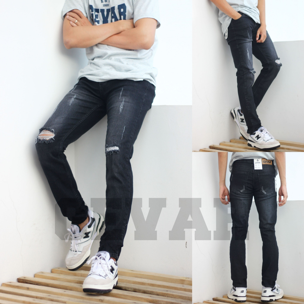 celana jeans sobek pria panjang / jeans sobek pria slimfit / jeans sobek pria hitam / jeans sobek pr