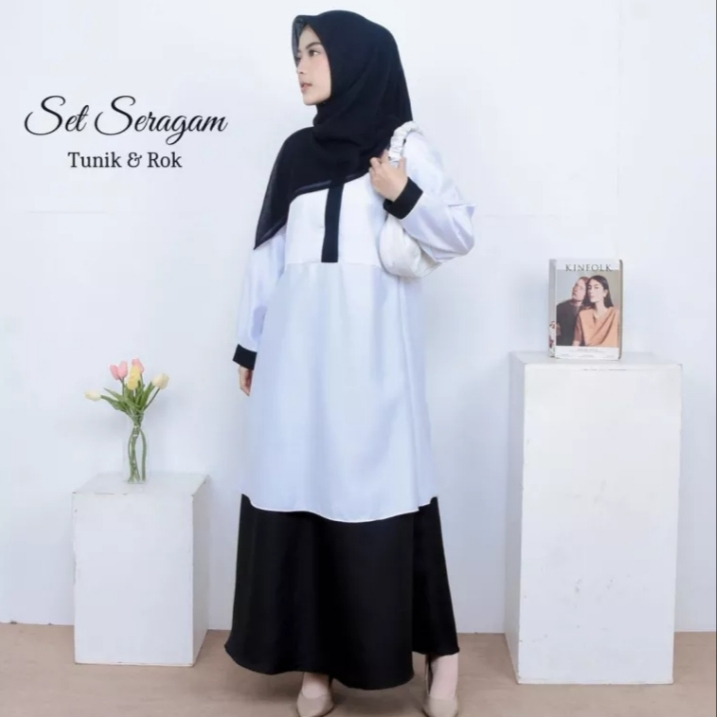 BAJU SETELAN DINAS  HITAM PUITIH {TUNIK + ROK } S-M-L-XL BAHAN SAKILAH /SERAGAM PEMDA /PNS/GURU