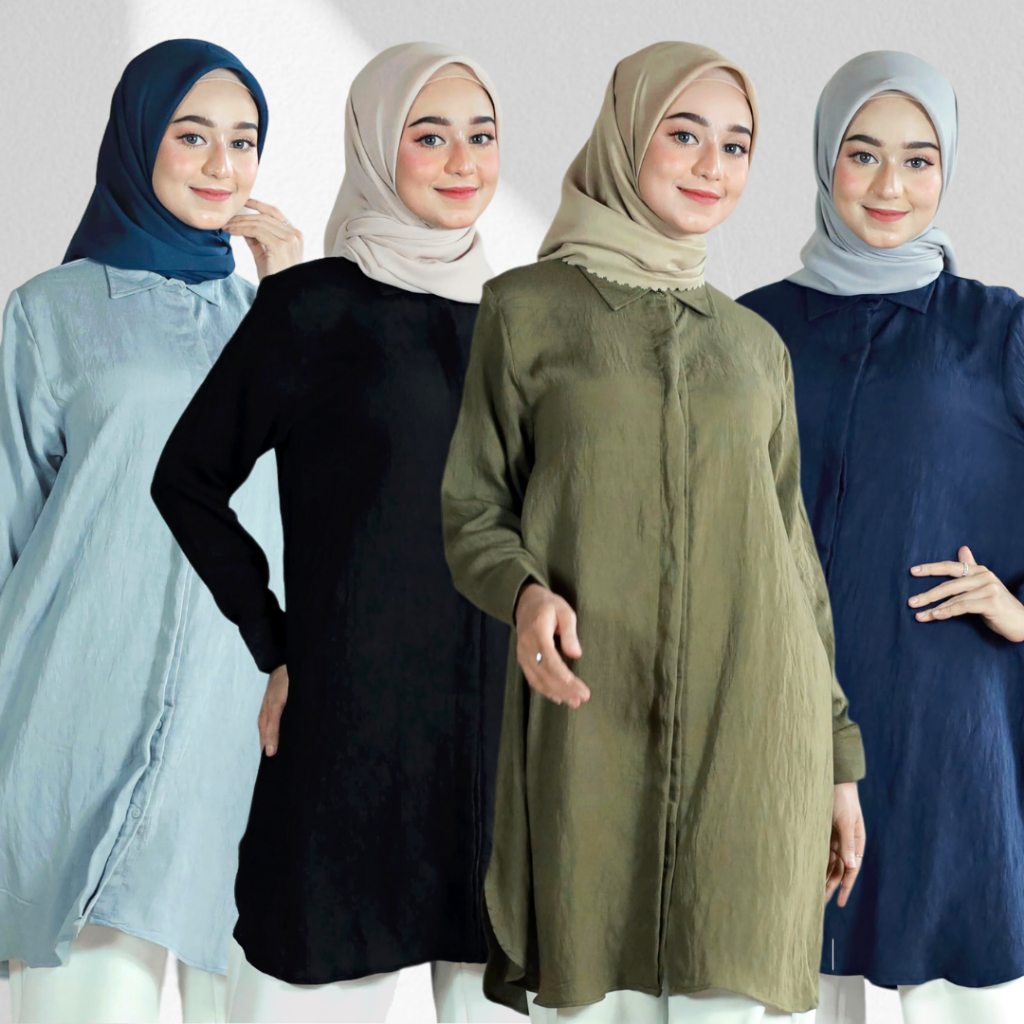 Kemeja Long Tunik Rayon Pleats Wanita Premium