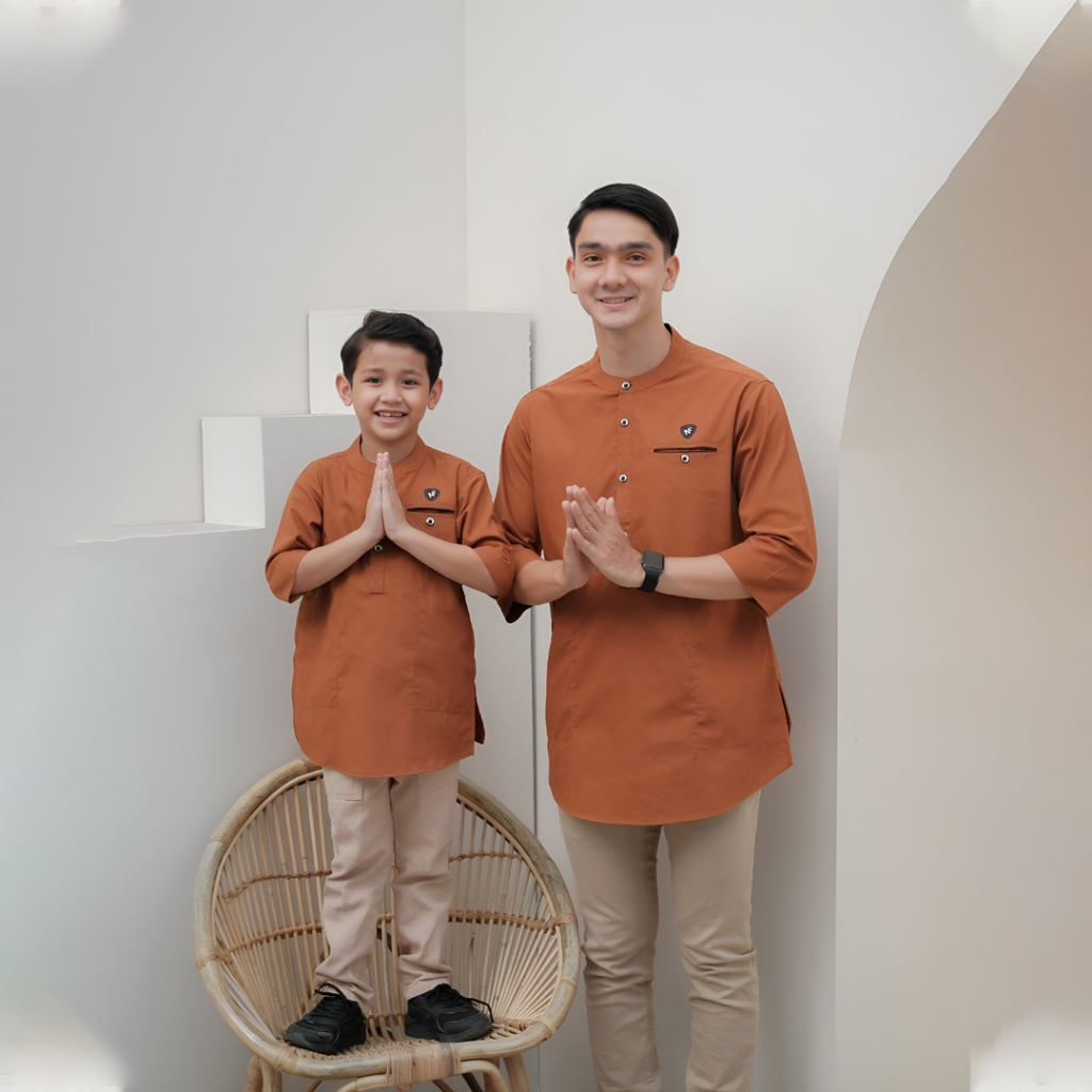 Kemeja Baju Koko Kurta Muslim Couple Anak & Ayah Terlengkap dengan Harga Terjangkau Merah Bata