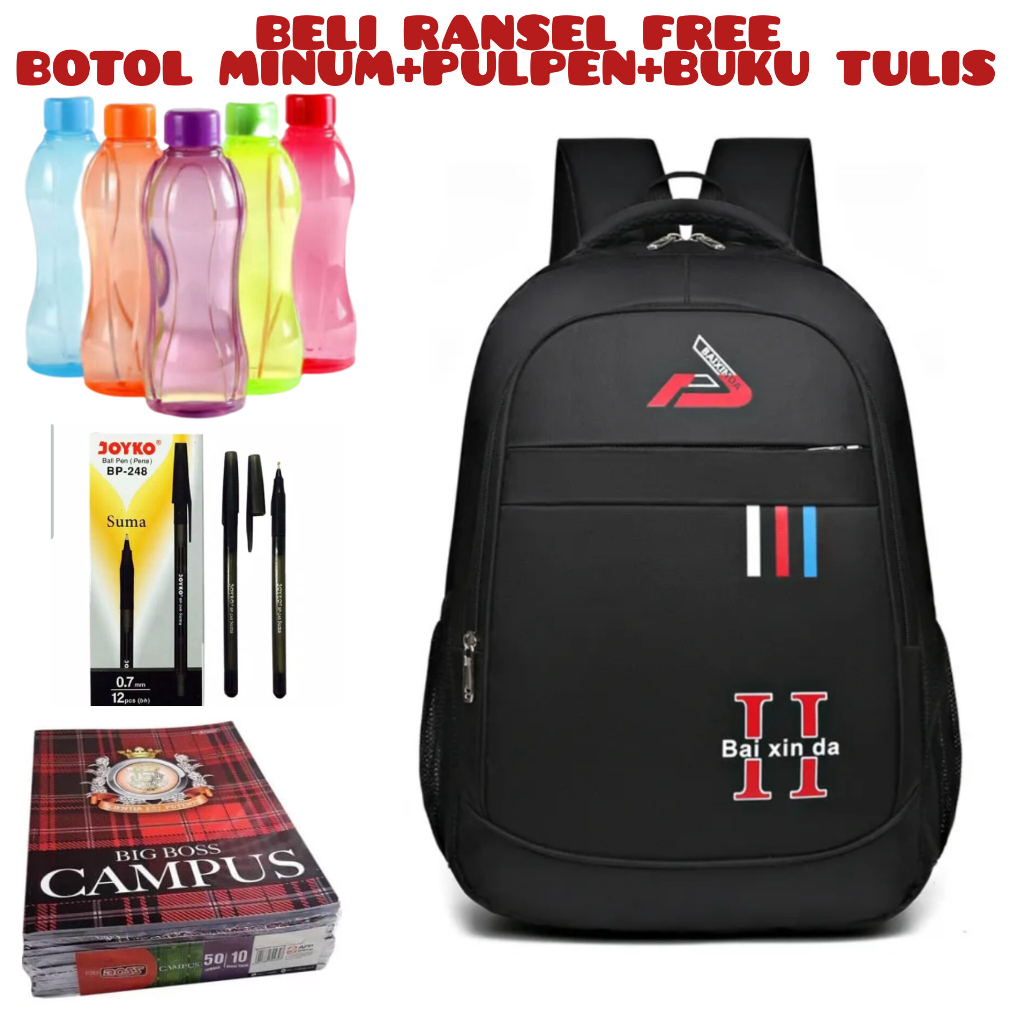 JS - Beli 1 Dapat 4-Tas Pria ZB RDN 069 Distro Raindoz Bandung Ransel Punggung Backpack Cowok Keren Sek BRAN NB-Tp BJ Beli Ransel Free Botol Minum+Pulpen+Buku Tulis