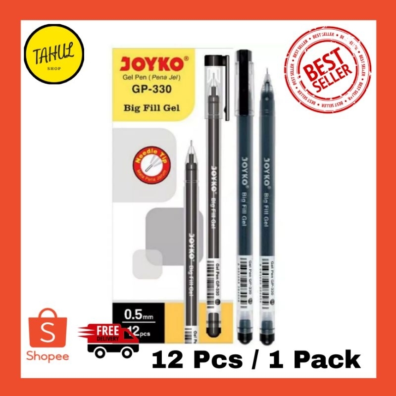 

12 PCS !!! Pena HITAM Joyko GP-330 Big Fill Gel 0.5 mm Gel Pen Pulpen / bigfill