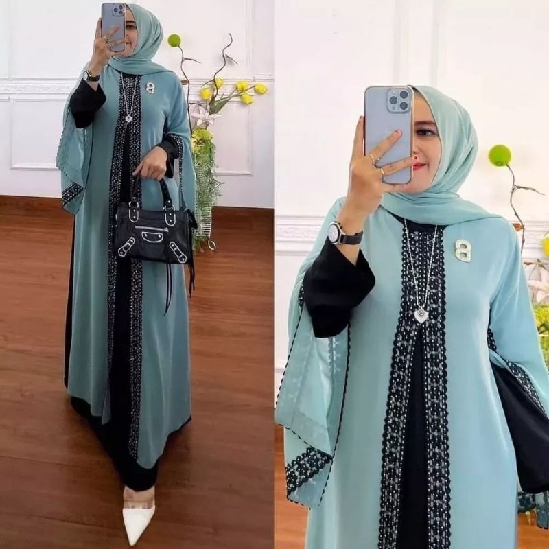 [B]_NISA ARABIAN ABAYA DRESS BAHAN MOSSCRAPE APLIKASI RENDA FULL SAMPAI BAWAHLENGAN BAGIAN LUAR BELA