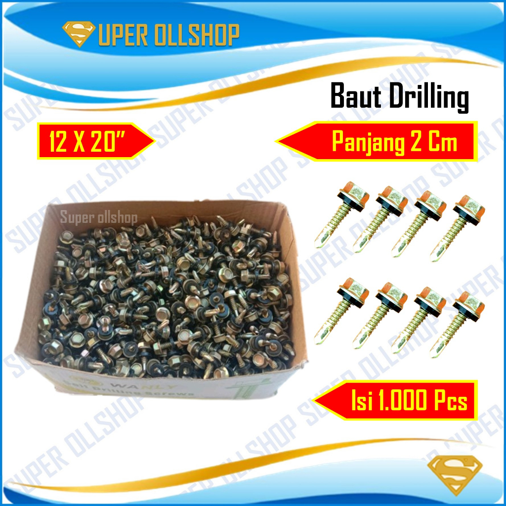 Baut Drilling Skrup Sekrup Roofing Baja Ringan Kuning Panjang 2 Cm 12x20 Harga 1 Kotak