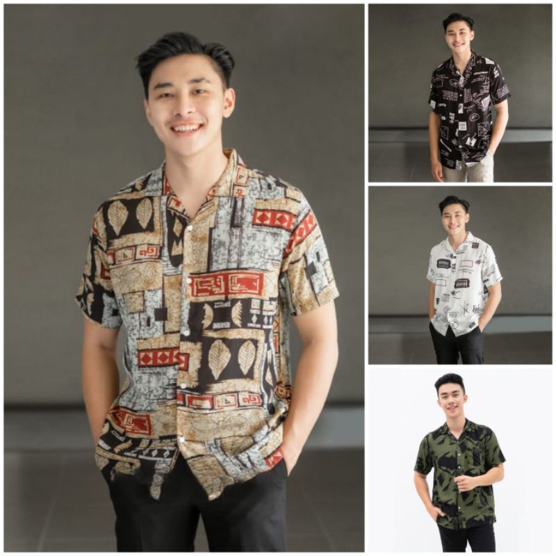 Kemeja Motif Pantai Bahan Rayon/Kain Jatuh,Hem Pantai Rayon Lengan Pendek