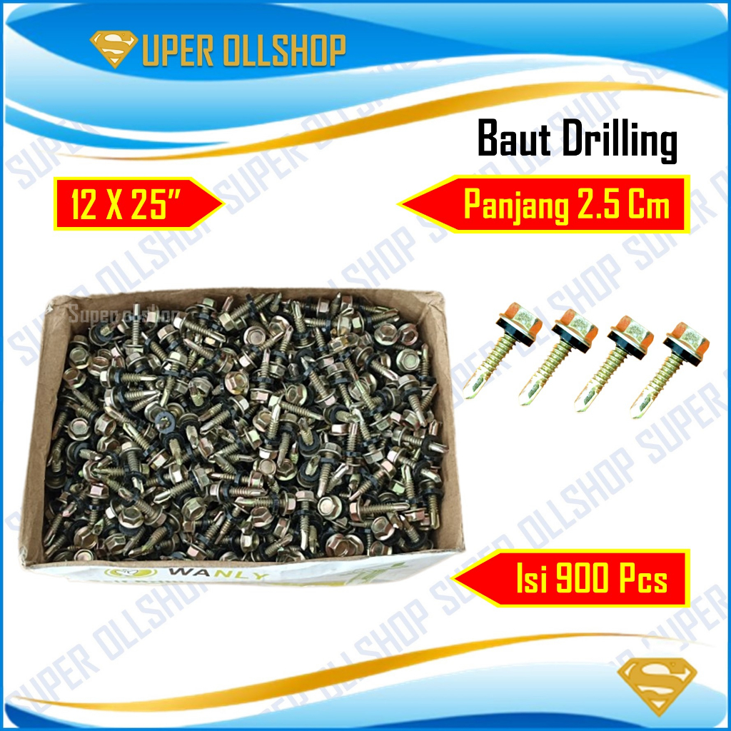 Baut Drilling Skrup Sekrup Roofing Baja Ringan Kuning Panjang 2.5 Cm 12x25 Harga 1 Kotak