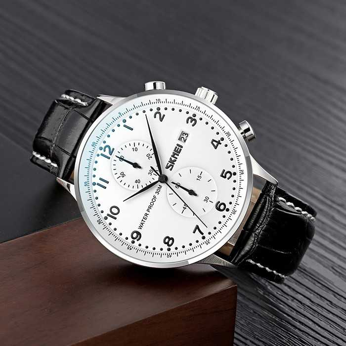 Jam Tangan Pria Analog Stopwatch Leather Strap Waterproof 30M Jamtangan Cowok Kekinian Desain Premium Anti Air